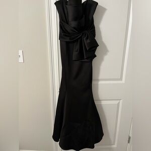 Badgley Mischka Black Satin Maxi Gown with Bow Detail